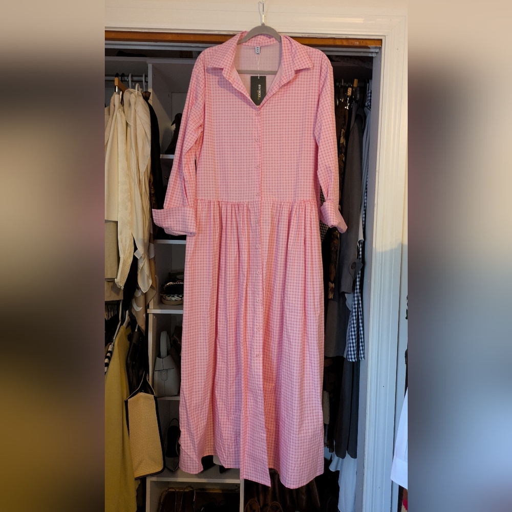 Pink Gingham Long Sleeve Dress
